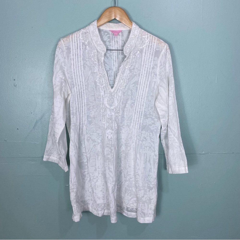 Lilly Pulitzer Sarasota Tunic Top Blouse Embellished‎ Beaded White Sz L 57262
